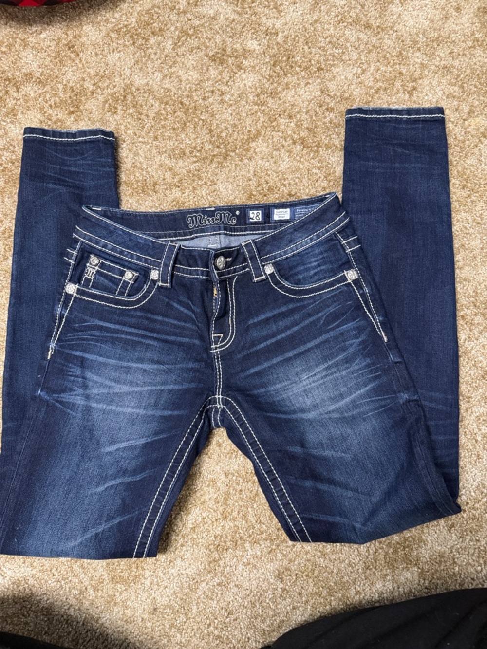 Miss Me Dark Indigo Skinny Jeans with White Contrast Stitching